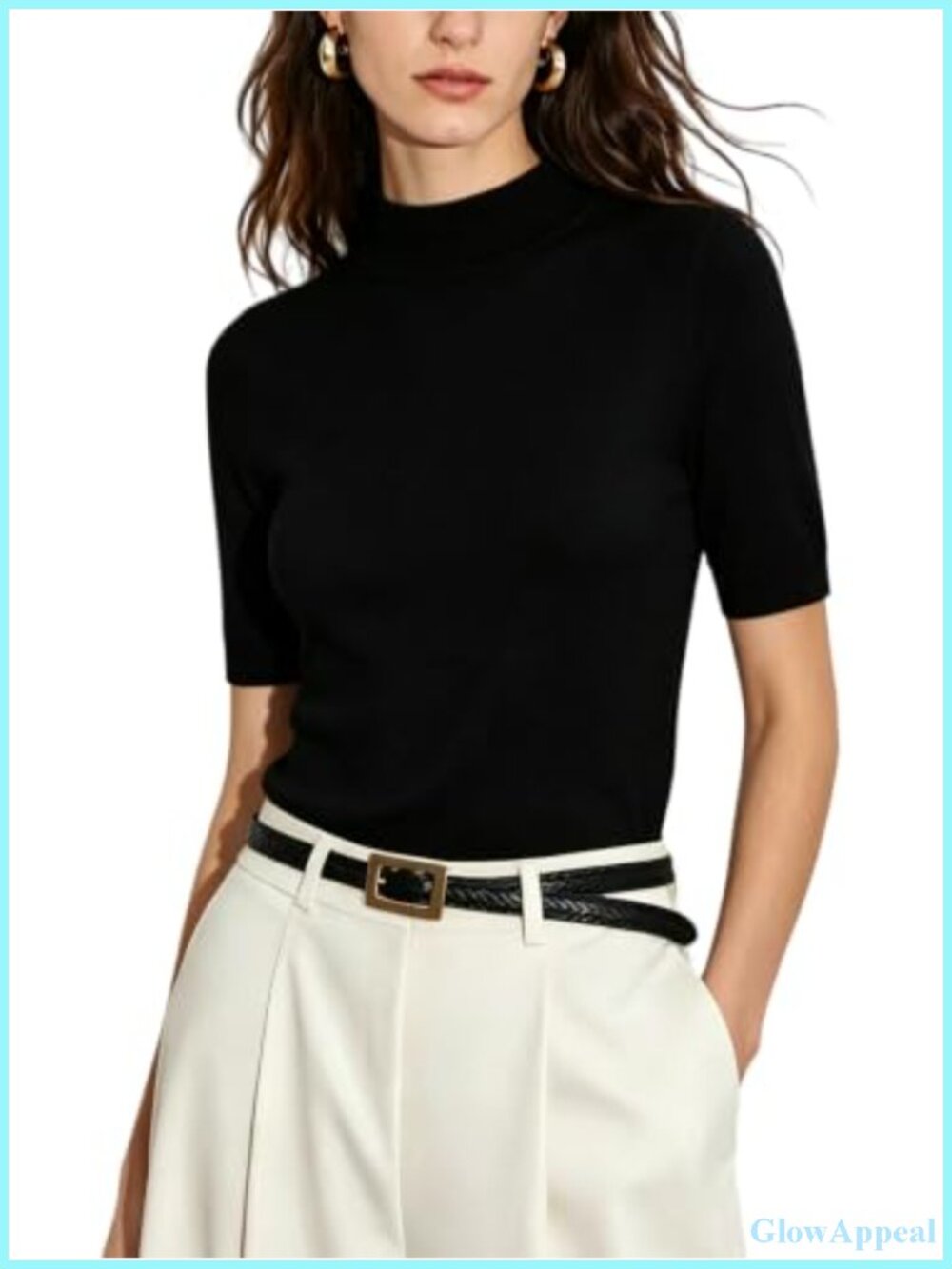 Short Sleeve Mock Turtleneck Knit Top Women's Rayon Polyester Stretch Tee